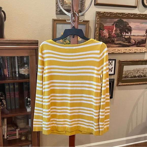 Liz Claiborne women’s long sleeve tunic sweater SZ L yellow white stripe - Picture 6 of 7